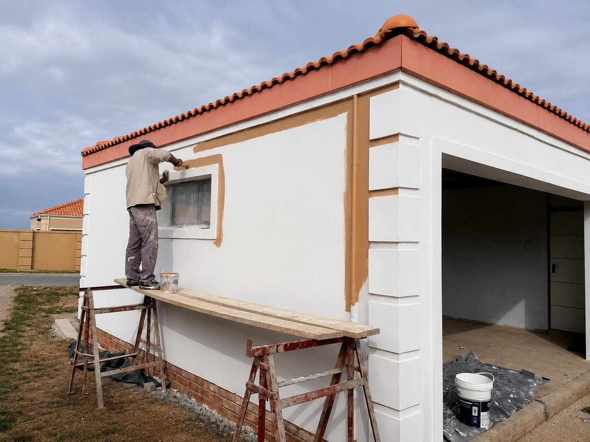 Painter applying exterior paint to house wall during finishing phase