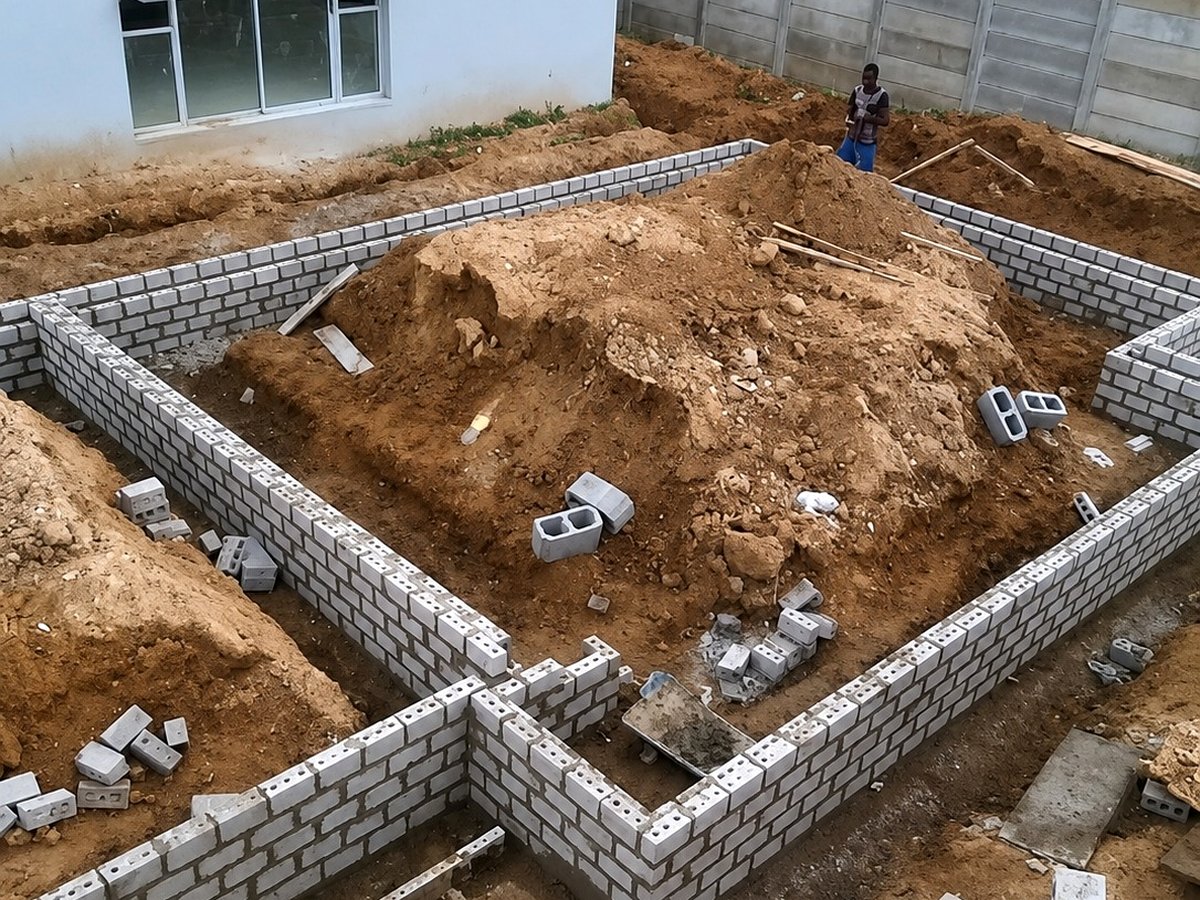 Foundation block walls laid with concrete blocks on construction site