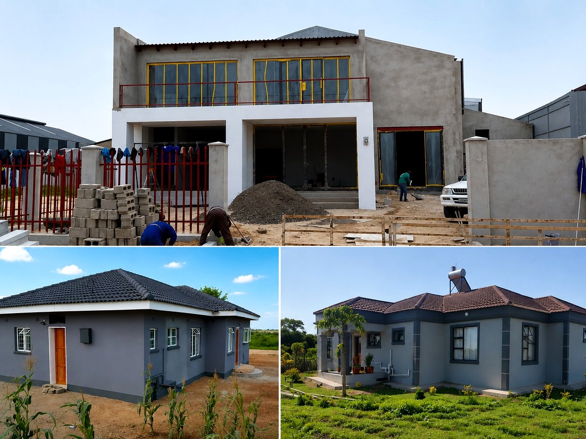 Collage showing three stages of house construction from foundation to completion